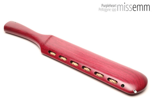 Unique handcrafted bdsm toys | Wooden spanking paddle | By kink artisan Miss Emm | Made from purpleheart with aluminium details.