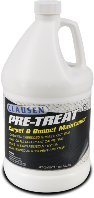 Pretreat 61
Clausen Pretreat 61 is a blend of modern surfactants and fast acting solvents for multi purpose use in carpet cleaning. It’s high activity and high solvency rating make Pretreat 61 especially effective in dissolving greasy, oily soil, tracked in blacktop coatings, etc. and thus ideal for pretreating heavily soiled carpet prior to shampooing or extraction. By itself the quickness with which it attacks soil of all types makes it ideal as a bonnet cleaner for high traffic areas.

Pretreat 61 is available in: Gallons

BENEFITS
Complex Blend - Contains concentrated solvents to dissolve greasy, oily soil and modern surfactants to penetrate, wet and lift soil for easy removal.

Highly Concentrated - You’re not buying water. Pretreat 61 contains 45% solvents by weight and 16% surfactants.



Multiple Use - This one product will do three important carpet maintenance jobs:

It can be sprayed over traffic lanes for heavily soiled carpet to make shampooing or extraction cleaning more effective and easier. 
It can be used as a bonnet cleaner for fast interim carpet cleaning.
It may be used as a carpet spotter to remove both water based and solvent based spots.
Safe on Color - Dual is safe to use on colorfast carpeting, ensuring a beautiful looking carpet even after repeated cleanings. 

USES
Its concentration of ingredients that attacks both water based and oil based soil make it a universal spot remover. Pretreat 61 is recommended for use on colorfast carpeting of all brands and all fibers including stain resistant nylon.
Pretreat 61
Clausen Pretreat 61 is a blend of modern surfactants and fast acting solvents for multi purpose use in carpet cleaning. It’s high activity and high solvency rating make Pretreat 61 especially effective in dissolving greasy, oily soil, tracked in blacktop coatings, etc. and thus ideal for pretreating heavily soiled carpet prior to shampooing or extraction. By itself the quickness with which it attacks soil of all types makes it ideal as a bonnet cleaner for high traffic areas.

Pretreat 61 is available in: Gallons

BENEFITS
Complex Blend - Contains concentrated solvents to dissolve greasy, oily soil and modern surfactants to penetrate, wet and lift soil for easy removal.

Highly Concentrated - You’re not buying water. Pretreat 61 contains 45% solvents by weight and 16% surfactants.



Multiple Use - This one product will do three important carpet maintenance jobs:

It can be sprayed over traffic lanes for heavily soiled carpet to make shampooing or extraction cleaning more effective and easier. 
It can be used as a bonnet cleaner for fast interim carpet cleaning.
It may be used as a carpet spotter to remove both water based and solvent based spots.
Safe on Color - Dual is safe to use on colorfast carpeting, ensuring a beautiful looking carpet even after repeated cleanings. 

USES
Its concentration of ingredients that attacks both water based and oil based soil make it a universal spot remover. Pretreat 61 is recommended for use on colorfast carpeting of all brands and all fibers including stain resistant nylon.
