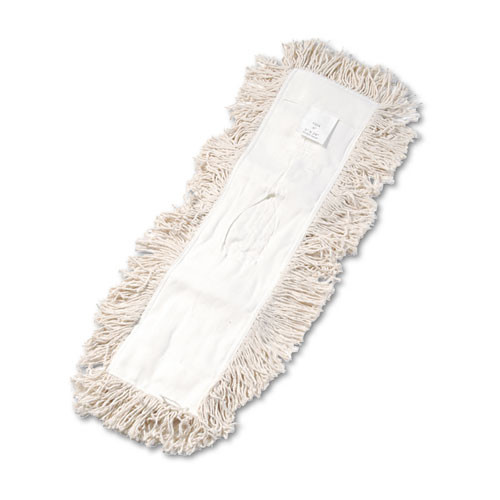 Cotton is most popular, lowest cost
Cut-ends build static electricity to collect dust.
Chemical dusting aids are usually not required.
Four-ply cut-end cotton fiber
Tufts are sewn in for added durability
Keyhole style canvas backing
Wash in a mesh bag
24″ x 5″ Dust Mop Head
Order Frame Separately / Order Handle Separately