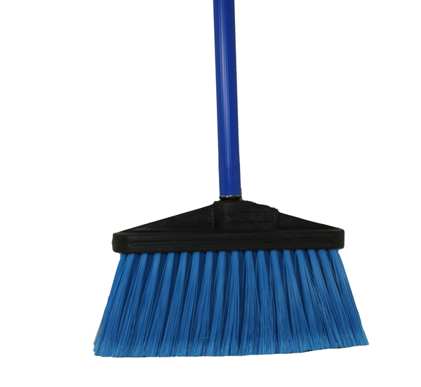 For general duty sweeping
Flagged bristles control dust
Great for sweeping fine materials, hair, powder, light debris
9″ foam plastic black block has one upright and one angled handle hole
12″ sweeping path
Overall height 56″
7″ Trim, Blue Flagged Poly Bristle multi angled blue bristle black foam block vertical sweep angle broom with handle 430709