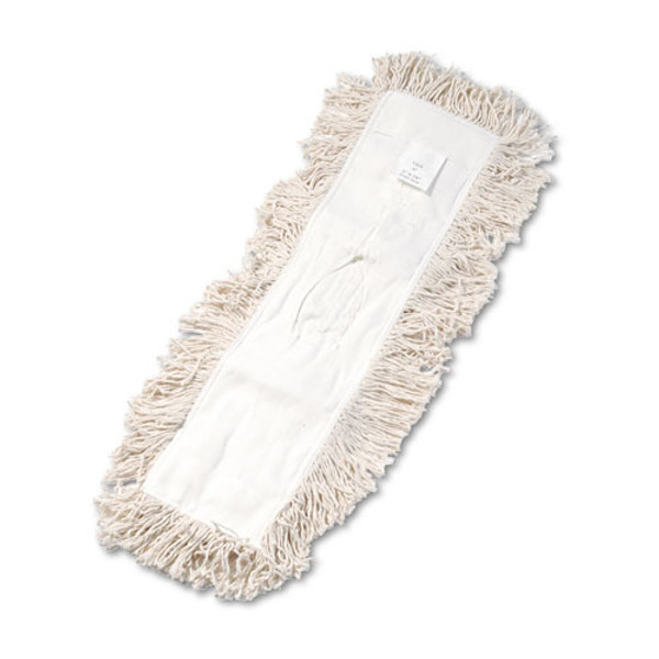 Cotton is most popular, lowest cost
Cut-ends build static electricity to collect dust.
Chemical dusting aids are usually not required.
Four-ply cut-end cotton fiber
Tufts are sewn in for added durability
Keyhole style canvas backing
Wash in a mesh bag
36″ x 5″ Dust Mop Head
Order Frame Separately / Order Handle Separately