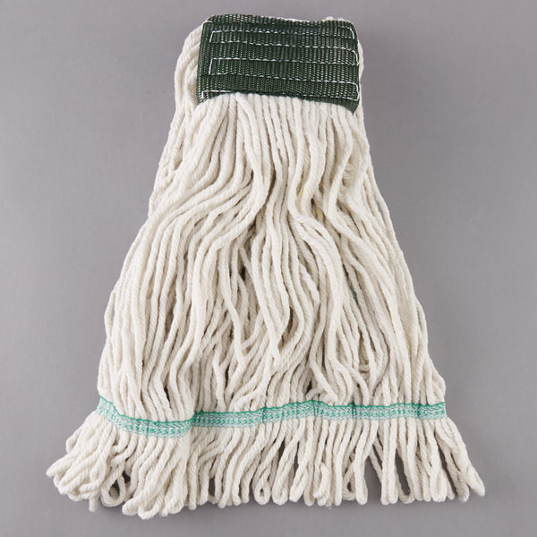 Looped end mops can last up to 5 times longer than cut end, “disposable” mops. Looped ends carry more scrub solution to the floor for greater productivity and easier mopping. Yarns are 4-ply cotton/synthetic. No break-in is required. Mops are not preshrunk.

Blends of cotton and synthetic yarns are superior in absorbency, bleach resistant and mildew resistance. The synthetic yarn adds durability, making the mop longer lasting than 100% cotton.

Color coded. Wide mesh band can be used to scrub scuff marks, and aids in mop handle grip.

White Blended, Looped Mop with Tailband and 5″ Wide Mesh Band
Large, white fiber
Headband and tail band color MAY Vary. For specific-colored headbands please contact our office directly.