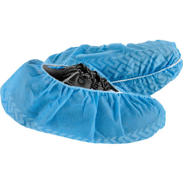 These shoe covers provide carpet, tile, and wood protection from multiple contaminants including dirt, debris, mud, scuff marks, and more. The polypropylene construction is non-woven, anti-dust, and anti-static for light protection against dry particulates. The covers include an elastic closure for added shoe support. The triple stitched seam improves cover strength. Includes anti-slip strips for user safety. Color finish is Blue. Size is 6-11. Package quantities are 150 Pairs/Case.