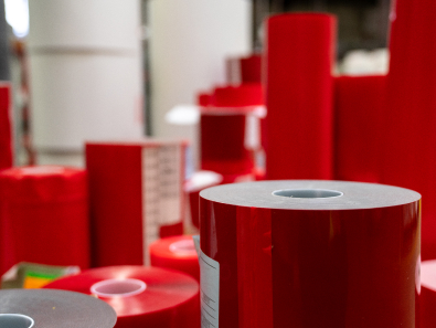 Stacks of red duraco film tape