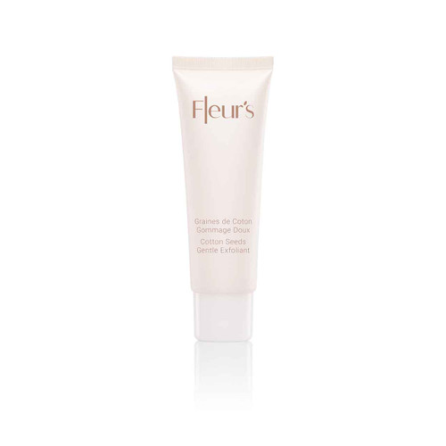 A tube of gentle exfoliant featuring cotton seeds, labeled "Fleur's" with a minimalist design. A tube of gentle exfoliant featuring cotton seeds, labeled "Fleur's" with a minimalist design.