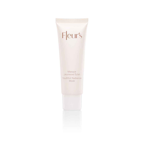 A tube of Fleur's Youthful Radiance Mask, featuring a sleek design with a light cream color and minimalistic branding. A tube of Fleur's Youthful Radiance Mask, featuring a sleek design with a light cream color and minimalistic branding.
