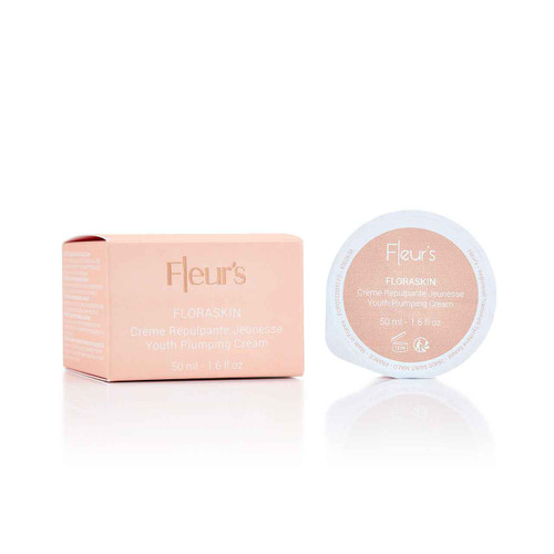 A pink box and jar refill of Fleur's Floraskin Youth Plumping Cream, labeled in English and French, both 50 ml.