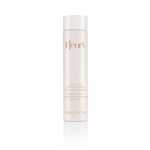 A sleek, pale bottle of Fleur's Passionflower Pearlescent Moisturizing Body Milk, 250 ml. Elegant design with minimal text. A sleek, pale bottle of Fleur's Passionflower Pearlescent Moisturizing Body Milk, 250 ml. Elegant design with minimal text.
