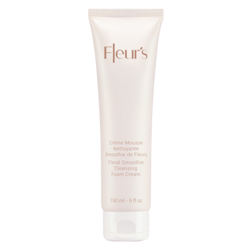 A tube of cleansing foam cream labeled "Fleur's Floral Smoothie Cleansing Foam Cream," 150 ml. Elegant design with a soft color.