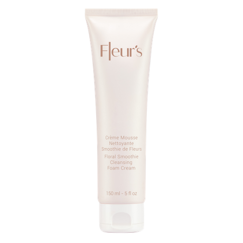 A tube of cleansing foam cream labeled "Fleur's Floral Smoothie Cleansing Foam Cream," 150 ml. Elegant design with a soft color.