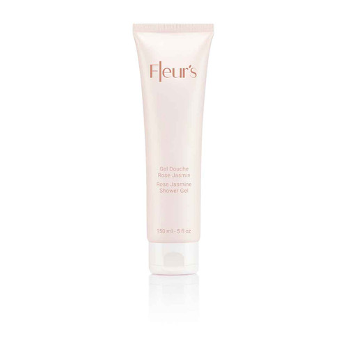 A tube of Fleur's Rose Jasmine Shower Gel, 150 ml, featuring a soft, elegant design with light colors and minimal text. A tube of Fleur's Rose Jasmine Shower Gel, 150 ml, featuring a soft, elegant design with light colors and minimal text.