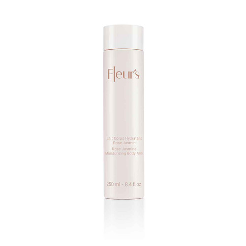 A sleek, white bottle of Fleur's Rose Jasmine Moisturizing Body Milk, 250 ml, with elegant text on the front. A sleek, white bottle of Fleur's Rose Jasmine Moisturizing Body Milk, 250 ml, with elegant text on the front.