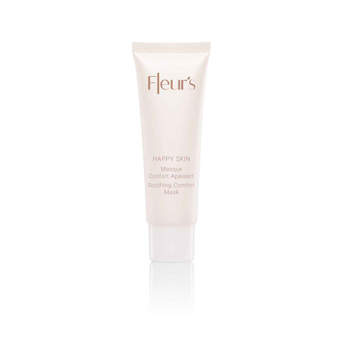 A tube of Fleur's Happy Skin Soothing Comfort Mask, featuring a minimalist design with light colors and elegant text. A tube of Fleur's Happy Skin Soothing Comfort Mask, featuring a minimalist design with light colors and elegant text.