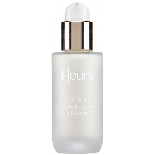 A frosted glass bottle of Fleur's Smoothie Hydra-Defense Gel with a white pump top and elegant branding. A frosted glass bottle of Fleur's Smoothie Hydra-Defense Gel with a white pump top and elegant branding.