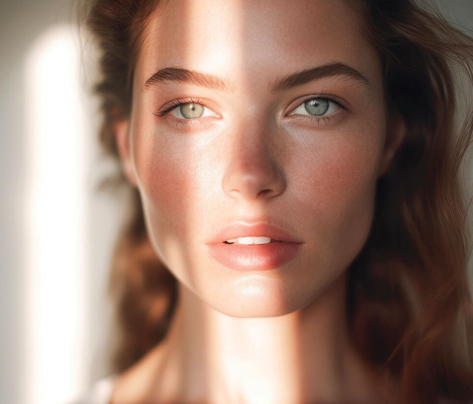 A close-up portrait of a woman gazing into the camera.