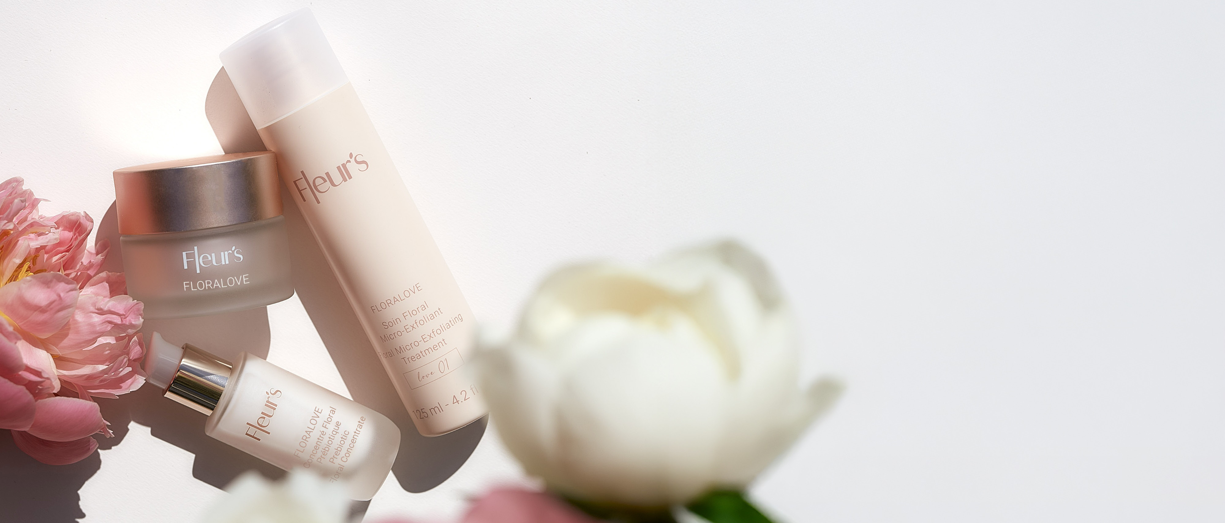 Fleur's Floralove Face Cream, Floralove Prebiotic Floral Concetrate and Floralove Floral Micro-exfoliating treatment lotion, 125 ml.