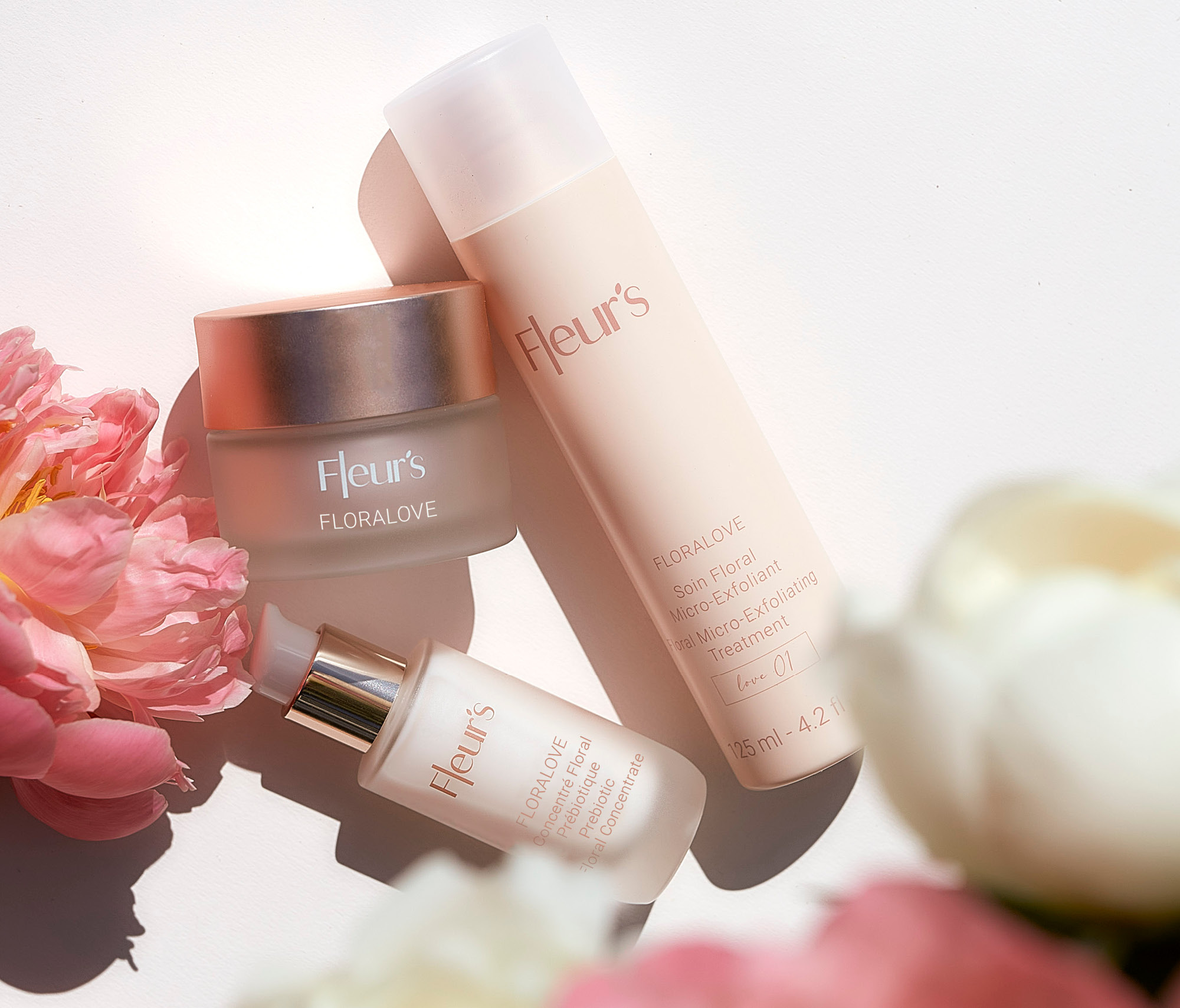 Fleur's Floralove Face Cream, Floralove Prebiotic Floral Concetrate and Floralove Floral Micro-exfoliating treatment lotion, 125 ml.