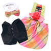 Black silk dog vest with white cotton shirt collar and coral and lime silk bow tie.
Coordinates with The Robin silk dog dress.