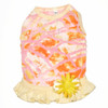 Light weight summer dress with tie dyed appliques in yellow and orange on a shear pink knit.