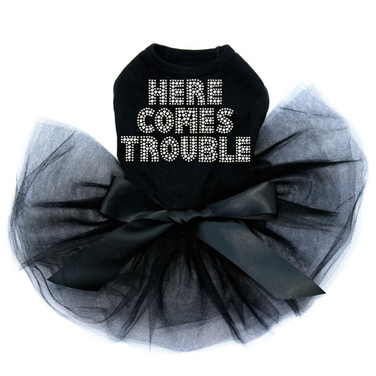 Here Comes Trouble rhinestone dog tutu for large and small dogs.