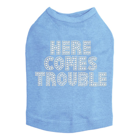 Here Comes Trouble dog tank for large and small dogs.
5.75" X 4" design with clear & light topaz rhinestones.
