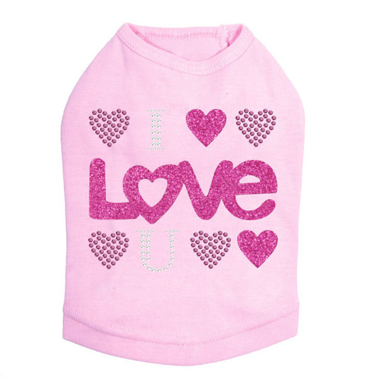 I Love You Pink Glitter rhinestone dog tank for large and small dogs.