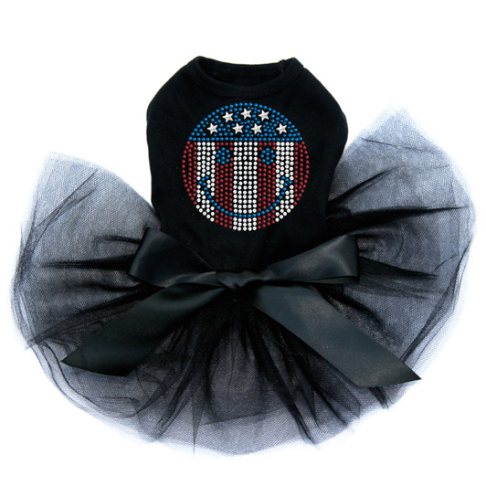 Happy Face Red, White, & Blue rhinestone dog tutu for large and small dogs.