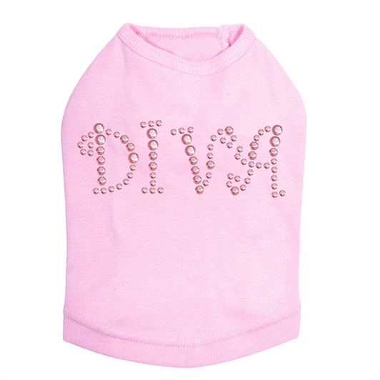 Diva - Pink Rhinestuds rhinestone dog tank for large and small dogs.
4" X 1.75" design with Pink rhinestuds.