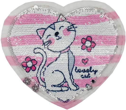 Pink Sequin Cat with Flowers Heart - Patch