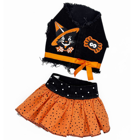 Spooky Cat Denim Harness Vest with Orange Dot Skirt