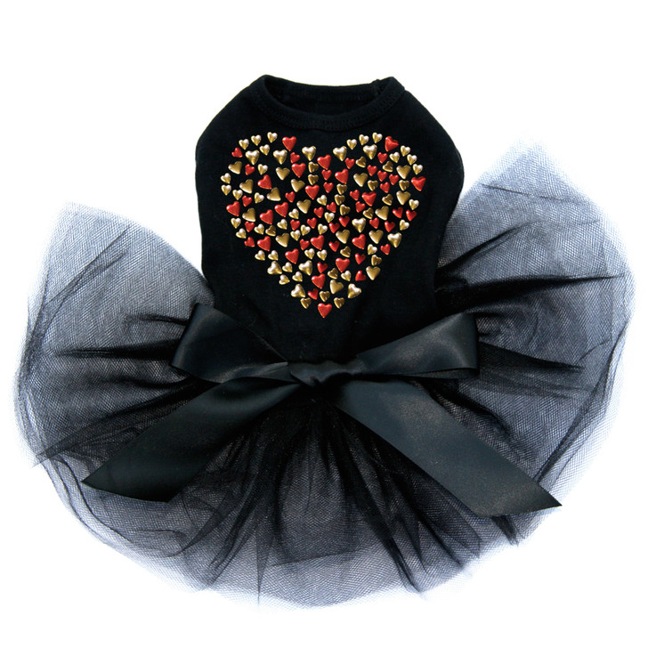 Red & Gold Nailhead Hearts black dog tutu for large and small dogs.