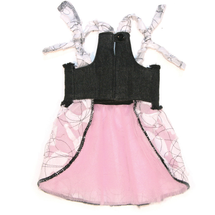 This adorable dress features a black denim bodice with a black and pink tulle flower.  The skirt is made of laser cut cotton with a pink tulle petticoat.  Dress coordinates with the Aubrey coat and black denim leash.