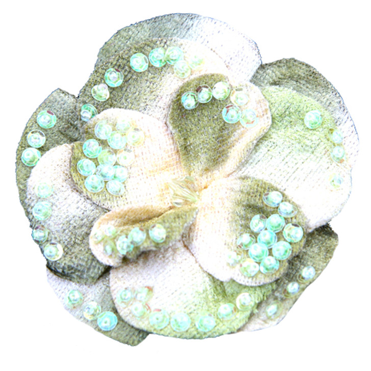 Green velvet flower pin with iridescent sequins and beads.