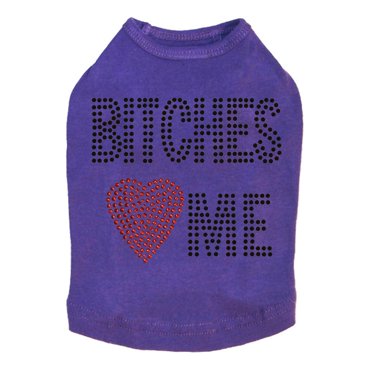 Bitches Love Me dog tank for large and small dogs.
Black rhinestones with red nailheads.  5"X4"