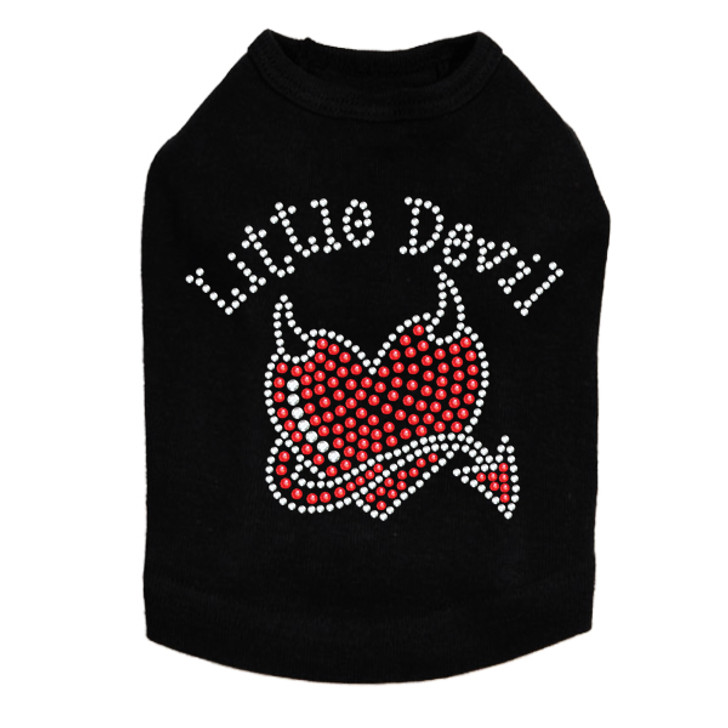 Little Devil  dog tank for large and small dogs.
4" X 3.5" design with clear & red rhinestones.