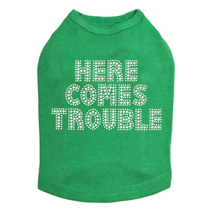 Here Comes Trouble dog tank for large and small dogs.
5.75" X 4" design with clear & light topaz rhinestones.