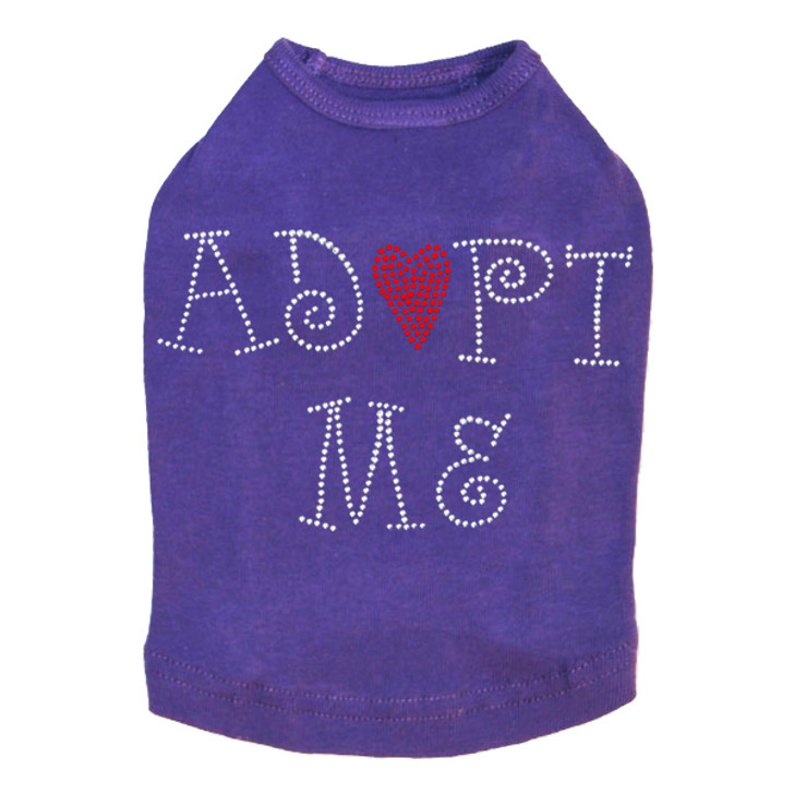 Adopt Me with Heart dog tank for large and small dogs.
8" X 5" with silver & red rhinestuds & rhinestones.