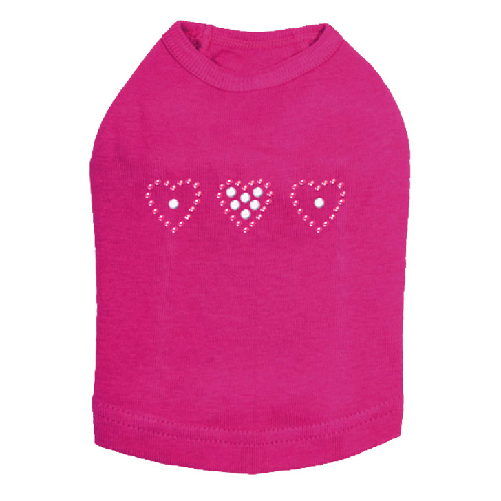 Three Little Hearts  Rhinestone on fuchsia dog tank for large and small dogs.