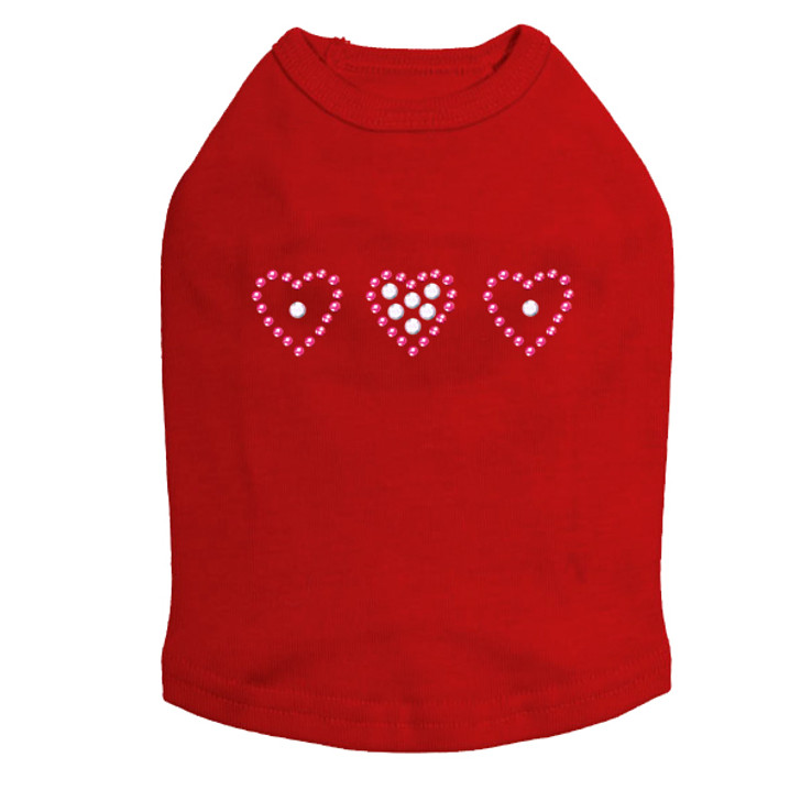 Three Little Hearts  Rhinestone on red dog tank for large and small dogs.