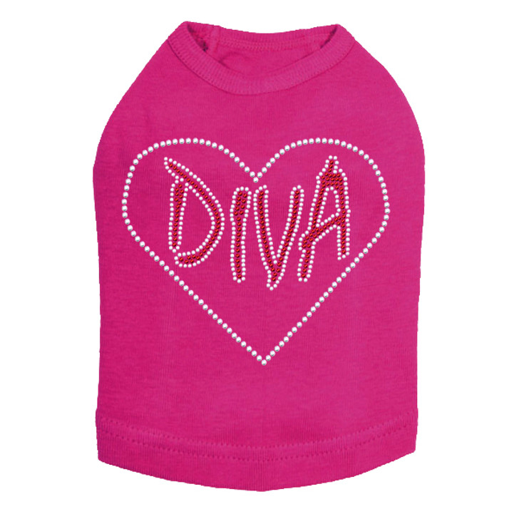 Diva Heart Rhinestone dog tank for large and small dogs.
6" X 5" design with red & clear rhinestones.