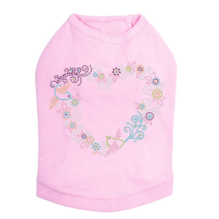 Spring Flower & Bird Heart Rhinestone dog tank for large and small dogs.