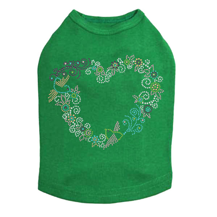 Spring Flower & Bird Heart Rhinestone dog tank for large and small dogs.