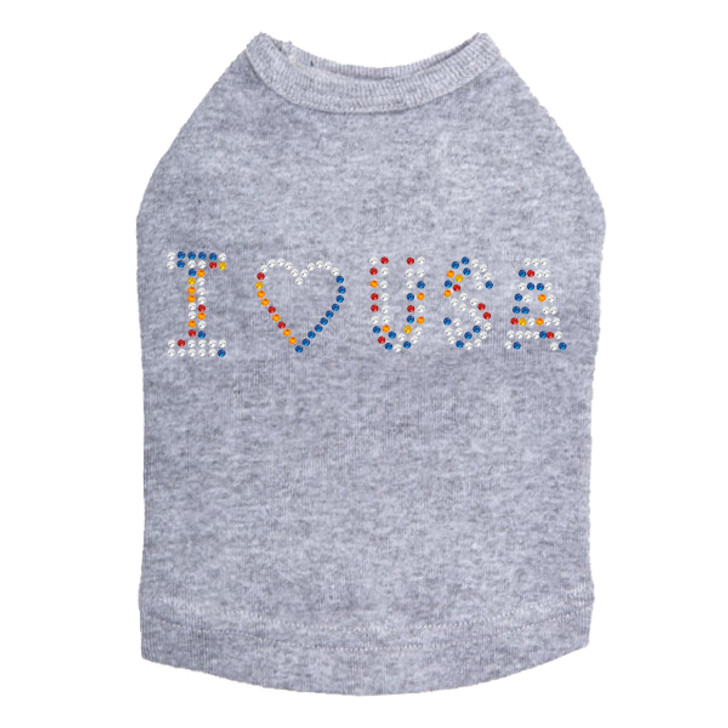 I Love USA - Multicolor Rhinestones dog tank for large and small dogs.