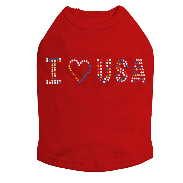 I Love USA - Multicolor Rhinestones dog tank for large and small dogs.