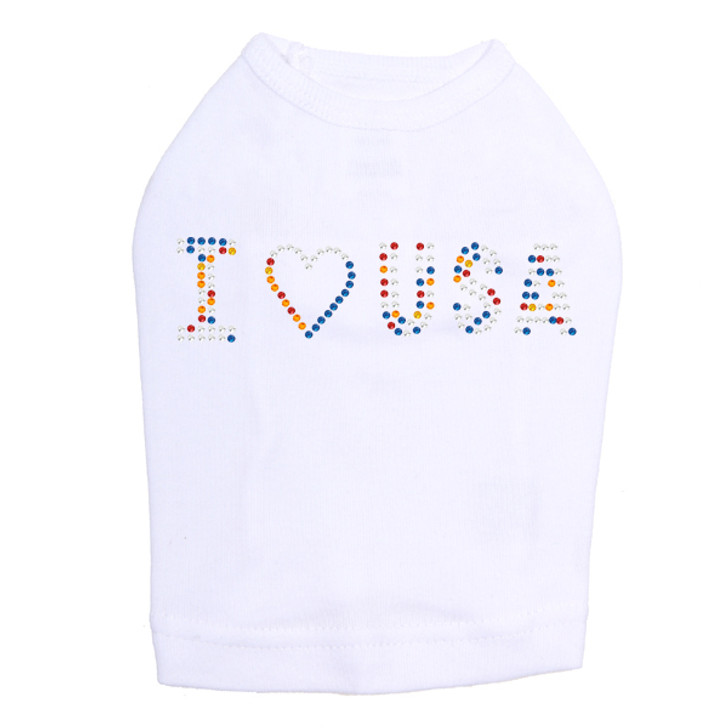 I Love USA - Multicolor Rhinestones dog tank for large and small dogs.