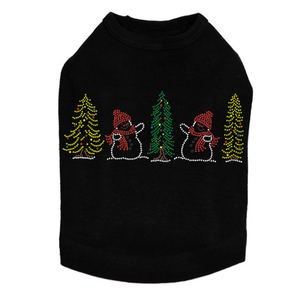 Two Snowmen in Trees Rhinestone Dog Tank