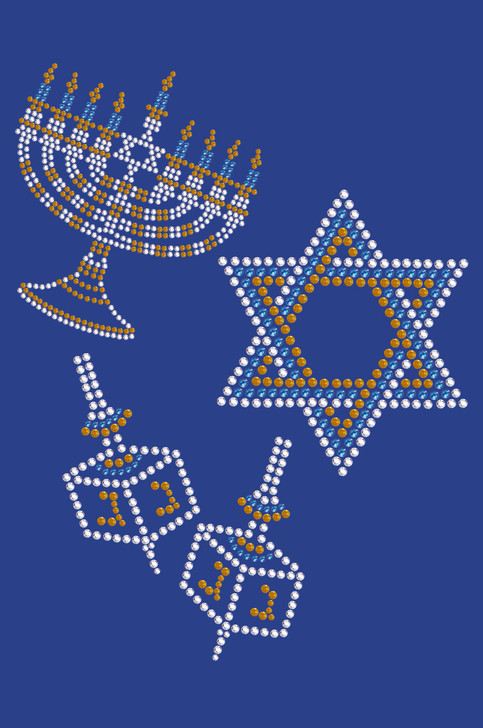 Menorah, Dreidel & Star of David (Blue, Silver, & Gold)  - Women's T-shirt