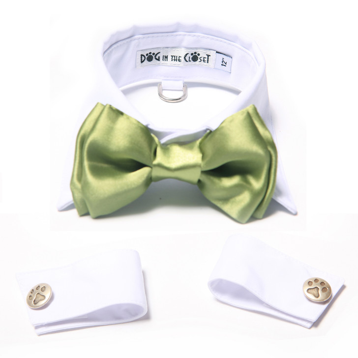 White shirt collar with apple green bow tie and cuffs.