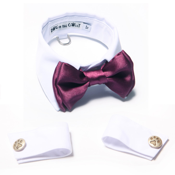 White shirt collar with purple bow tie and cuffs.