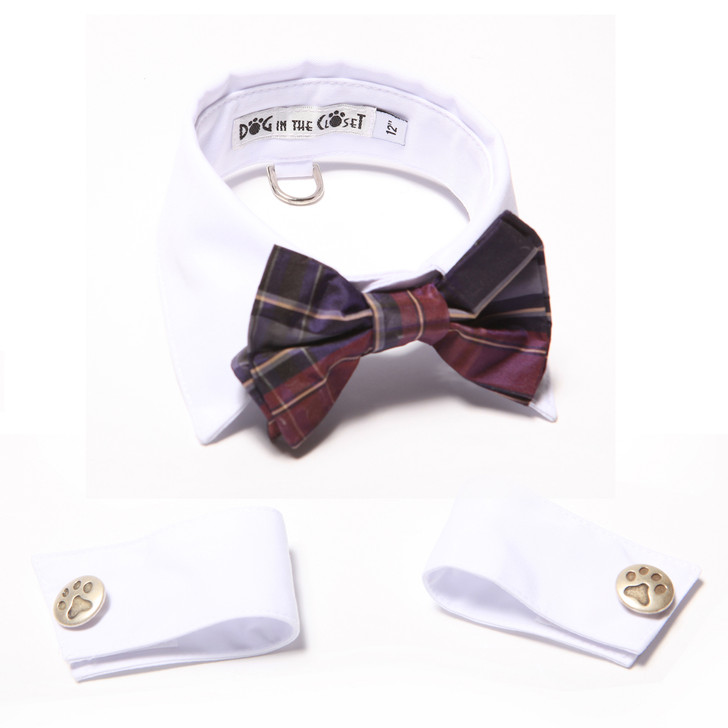 White shirt collar with purple plaid silk bow tie and cuffs.